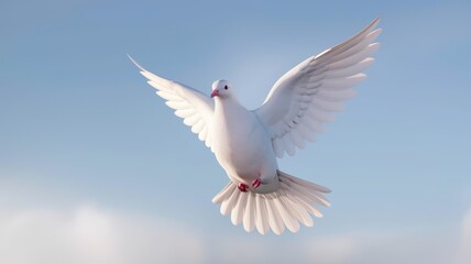 Obraz premium White Dove Soaring in a Clear Blue Sky with Soft Clouds in the Background