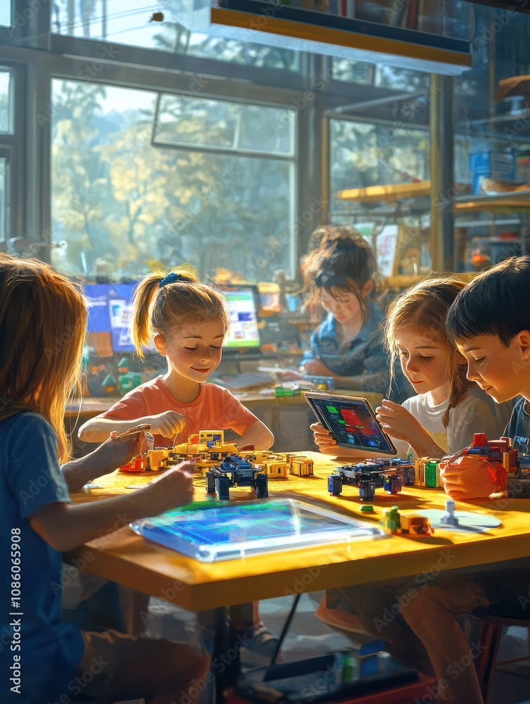 Aufkleber happy diverse school children students group building robotic vehicle robot cars using tablet comput