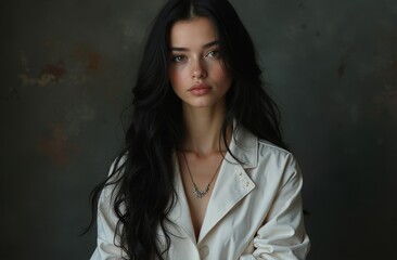 A serene portrait of a young woman with long black hair in a soft white coat, inspired by classic artistry in a muted backdrop