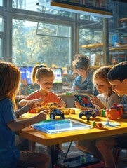 Obraz premium Happy diverse school children students group building robotic vehicle robot cars using tablet computer education software apps. Kids learning programming sit at table at STEM coding engineering class