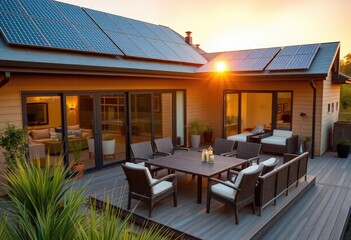 A beautiful sunset illuminates a modern home with solar panels and stylish outdoor furniture, creating a peaceful evening atmosphere