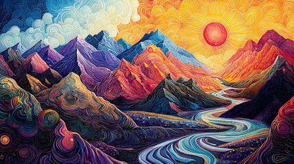 Surreal colorful mountains and a flowing river, radiant sun, intricate landscape details, ultra-detailed