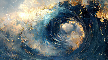 Surreal cosmic wave with shimmering gold and deep blue hues, intricate details, ethereal feel