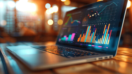 Closeup screen of the laptop or notebook device, displaying the colorful website traffic metrics, graphs and analytics for the ranking of the blog on the internet or web online.