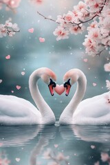 Two swans forming a heart shape with their necks in a romantic setting surrounded by flowers