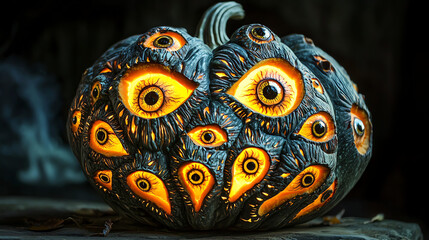 Fototapeta premium Glowing pumpkin with intricately carved eyes illuminated in the dark of Halloween night