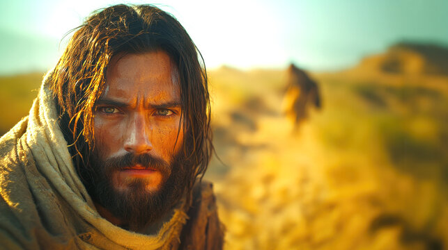 Jesus Christ in a desert with a figure behing him on a bible chapter