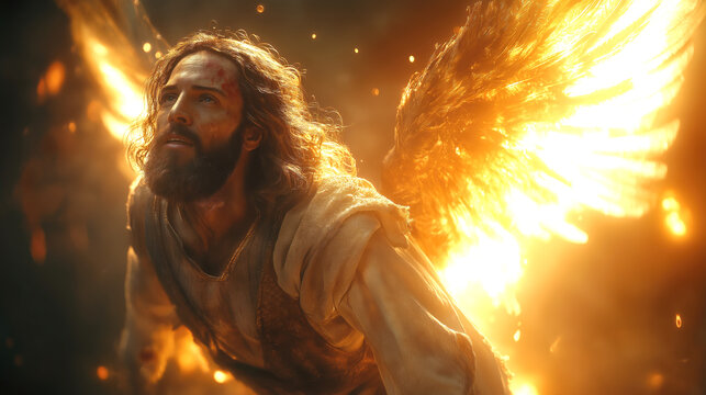 Jesus Christ with wings of angel after he resurrected from dead