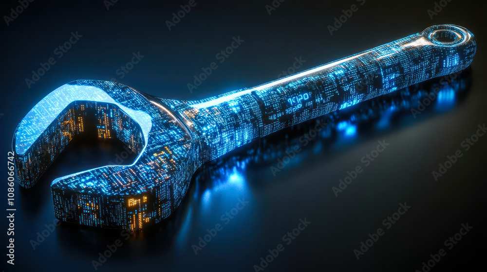 Poster digital wrench with glowing binary code for ai maintenance management systems