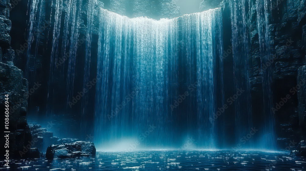 Poster digital waterfalls with cascading blue matrix binary code in conceptual landscape