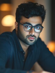 Obraz premium Indian business man having virtual team meeting on video conference call using laptop work from home office talking to diverse people group in remote teamwork online distance chat. Over shoulder view