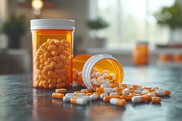 Two prescription bottles with orange and white pills.