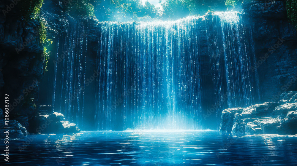 Poster digital waterfall with cascading blue matrix binary code