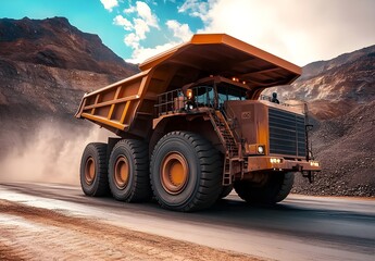 Obraz premium Heavy-duty Dump Truck in Open Mine Landscape Capturing Dust Clouds and Mountain Backdrop Reflecting Industrial Power and Robust Engineering