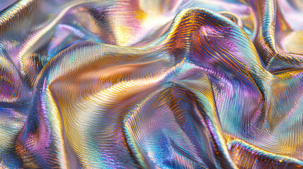 Vibrant holographic fabric with abstract curves, smooth flowing texture, luminous and glossy
