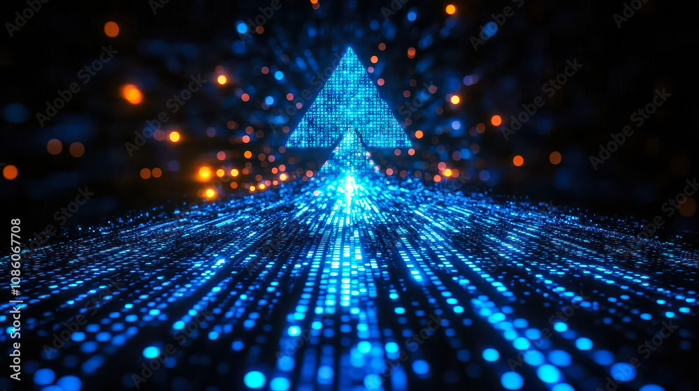 Poster futuristic digital arrow in blue matrix binary code with pixelated background effects