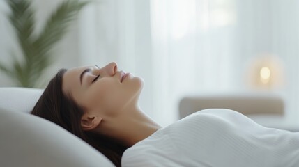 Young woman enjoying a moment of tranquility while lying on a comfortable bed in a bright and airy bedroom, promoting relaxation and well being