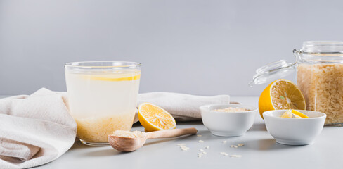 Drink for weight loss rice-zempic in a glass on the table web banner