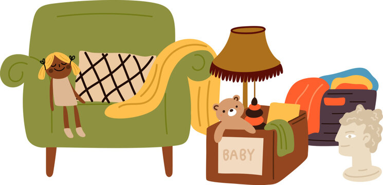 Garage sale things. Flea market compositions. Vintage stuff arranging. Second Hand clothes or retro furniture. Fair bazaar. Rack with books and interior sofas. Garish vector concept