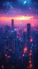 Fototapeta premium Smart city g connectivity diagram with neon lights and skyscrapers