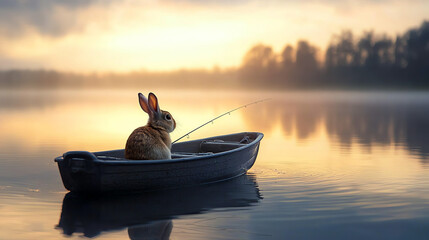 A rabbit quietly fishing from a small rowboat in calm waters at sunrise, surrounded by a tranquil natural landscape