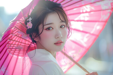 portrait of a woman with pink umbrella