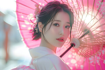 girl with traditional japanese drees and pink umbrella