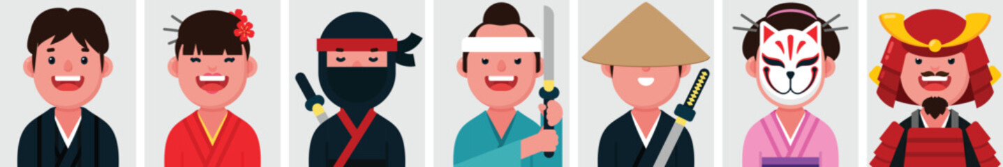 Set of flat portraits of Japanese people with ninja and samurai warrior. Collection of colored cartoon characters woman and man wearing japan traditional dress, profile picture, vector illustration.