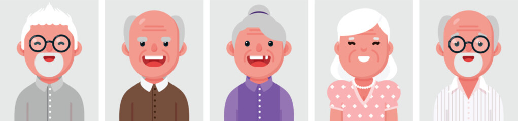 Set of flat portraits of elderly people. Collection of colored cartoon characters old woman and man, profile picture, vector illustration.