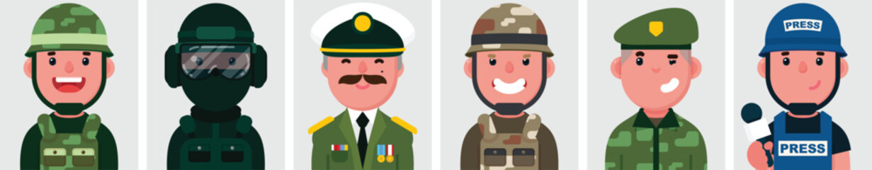 Set of flat portraits of Army men. Collection of colored cartoon characters men, profiles picture, Soldier, Warrior, commander, Special Forces, Navy Forces, press, vector illustration.