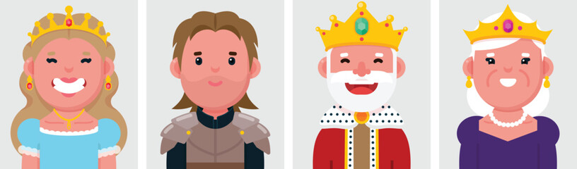Set of flat portraits of Kingdom people. Collection of colored cartoon characters King, Queen, Princess, Knight, profile picture, vector illustration.