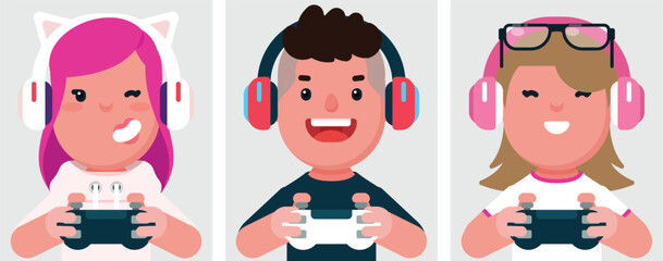 Set of flat portraits of gamers people streaming. Collection of colored cartoon characters girl and boy playing video games, profile picture, vector illustration.  © Flat