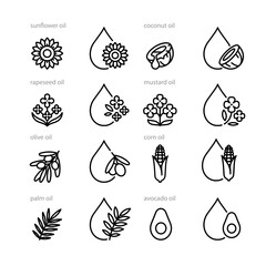Cooking oil icon set - sunflower, coconut, palm, rapeseed, mustard, avocado, olive, corn oil. Linear illustration of various agriculture oilseeds crops and symbols of oil. Minimalist style, editable s