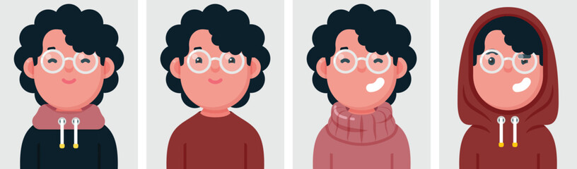 Set of flat portraits of happy afro man wearing white glasses. Collection of colored cartoon character man in different poses and outfits, profiles pictures, vector illustration.