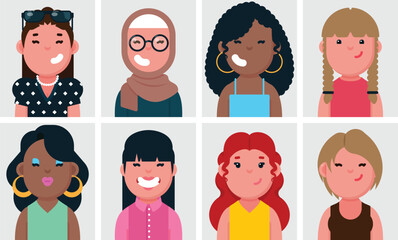 Set of flat portraits of happy women. Collection of colored cartoon characters women in different outfits, profiles picture, vector illustration.