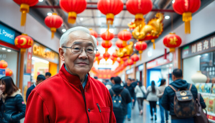 Fototapeta premium Elderly mature man in stylish clothes with festive mood among decorated modern shopping mall in honor of Chinese New Year. Preparing and buying gifts for the holiday.