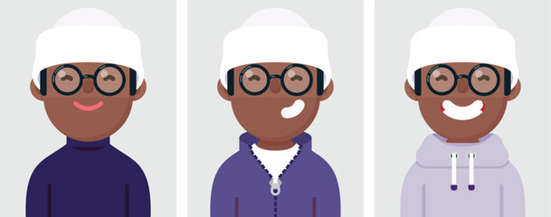 Set of flat portraits of happy Black man wear glasses and Beanie, Collection of colored cartoon character man in different poses and outfits, profiles pictures, vector illustration.