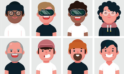Set of flat portraits of happy men. Collection of colored cartoon characters men in different outfits, profiles picture, vector illustration.