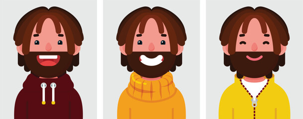Set of flat portraits of Happy man with Finger Twists hair style, Collection of colored cartoon character man with beard in different poses and outfits, profiles pictures, vector illustration.