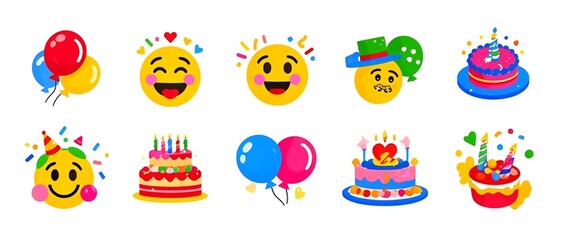 Set of colorful birthday emojis, cakes, and balloons.
