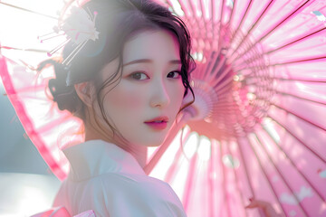 Beautiful Japanese woman wearing a white Kyoto shirt and wearing a pink umbrella in th street