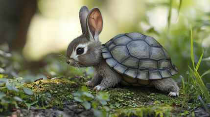 A unique creature with the body of a turtle and the agility of a rabbit exploring a lush green environment