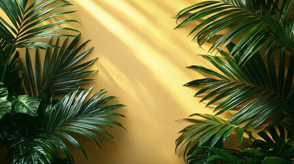 A vibrant yellow wall framed by lush green palm leaves, creating a tropical atmosphere.