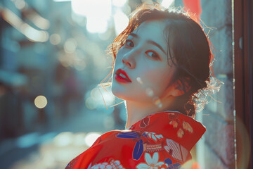 Beautiful Japanese Asian woman posing in a kimono, blurred light background