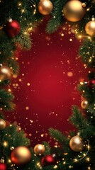 Christmas frame with green garland baubles and fairy lights