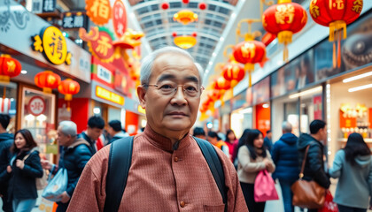 Elderly mature man in stylish clothes with festive mood among decorated modern shopping mall in honor of Chinese New Year. Preparing and buying gifts for the holiday.