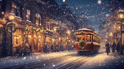Fototapeta premium Vintage Trolley and Falling Snow, Holiday Scene