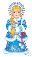 New Year's character Russian Snow Maiden in traditional costume on white background Digital illustration