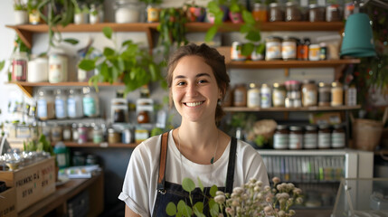 smiling woman wearing a white shirt is in the supermarket