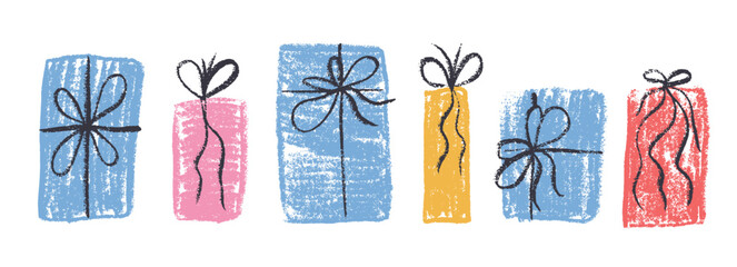 Crayon gift box set. Holiday present wrapped with simple ribbon bow decoration. Scribble naive style festive elements. Vector illustration on white background.